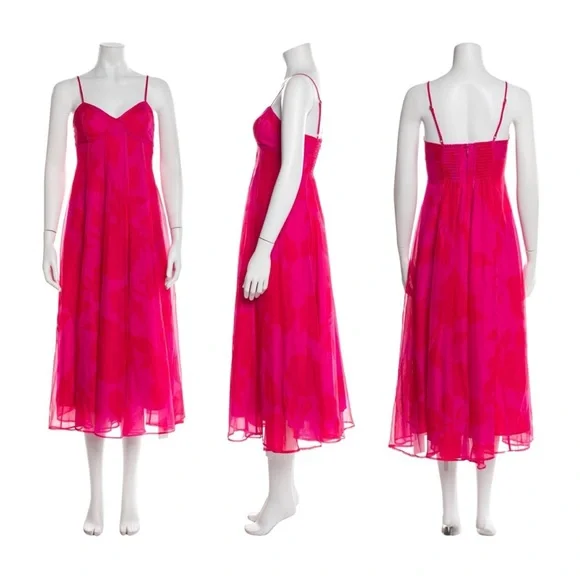 NEW AJE Sway Paneled Red & Pink Fluorescent Rose Spaghetti Strap Midi Dress - Picture 4 of 13